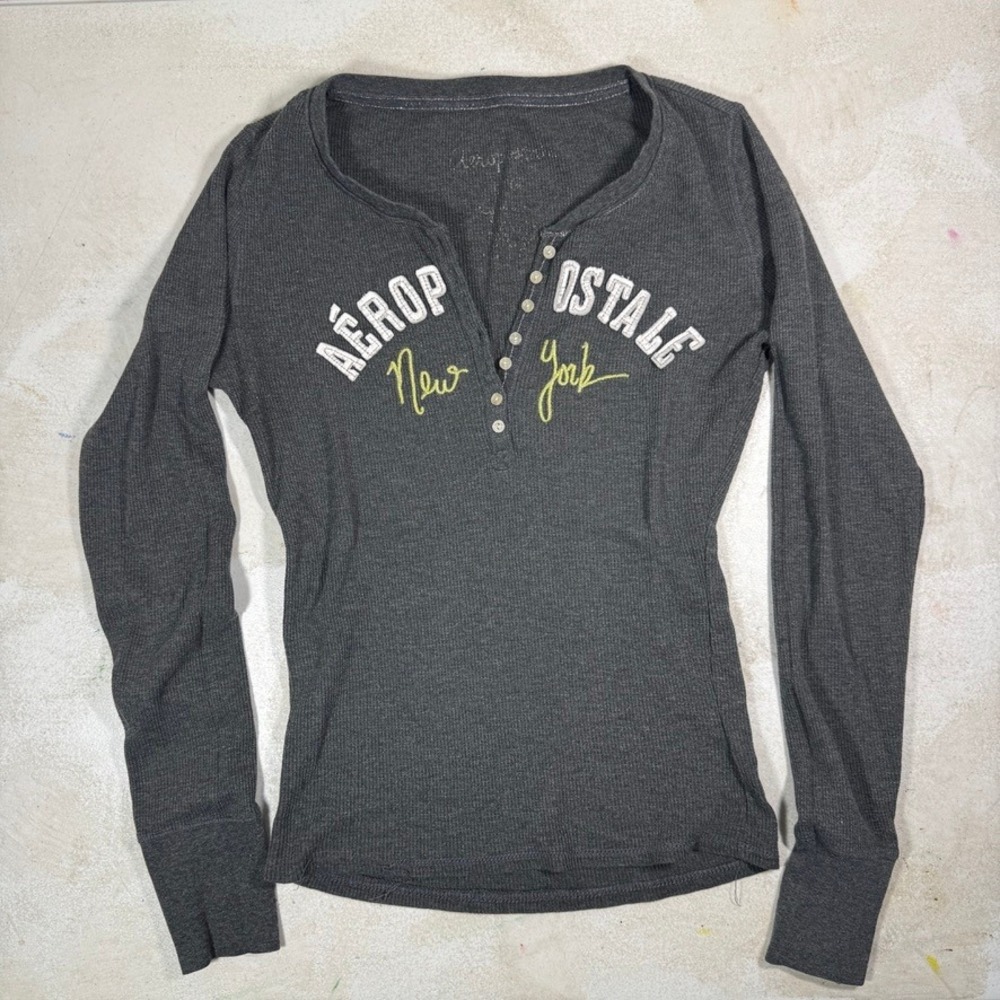 Aeropostale Womens Charcoal Gray Henley Long Sleeve Top Large Y2K